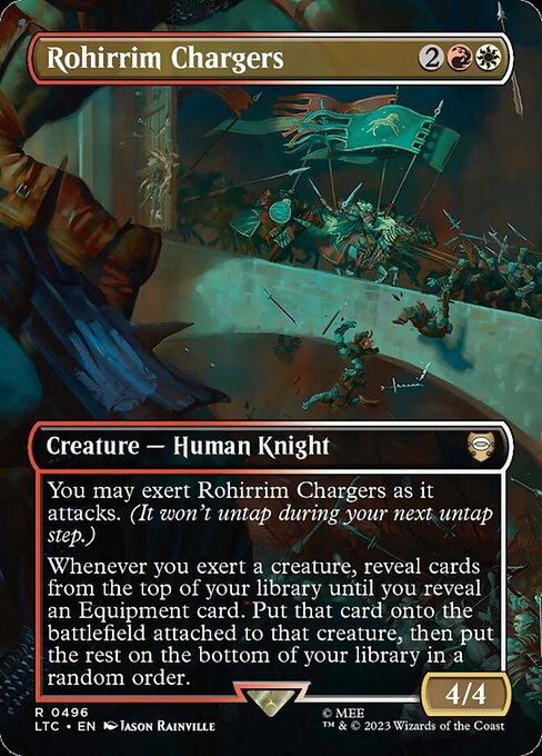 You may exert Rohirrim Chargers as it attacks. (It won't untap during your next untap step.)
Whenever you exert a creature, reveal cards from the top of your library until you reveal an Equipment card. Put that card onto the battlefield attached to that creature, then put the rest on the bottom of your library in a random order.
