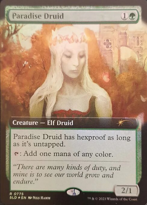 Paradise Druid has hexproof as long as it's untapped. (It can't be the target of spells or abilities your opponents control.)
{T}: Add one mana of any color.