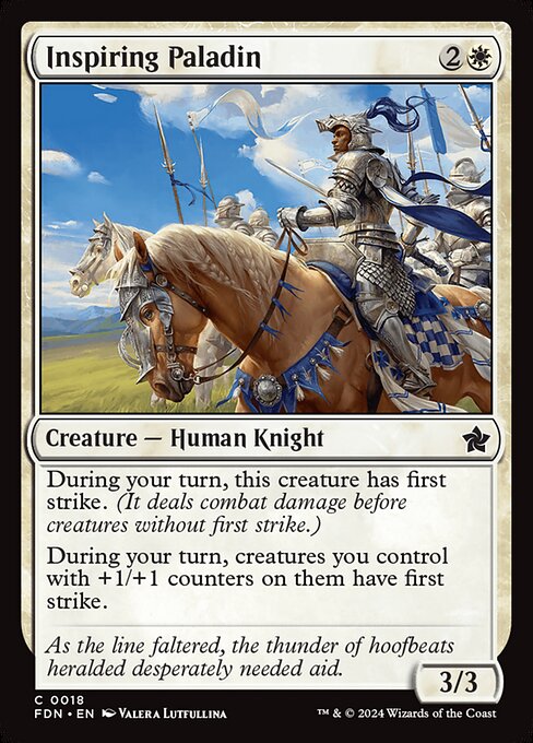 During your turn, this creature has first strike. (It deals combat damage before creatures without first strike.)
During your turn, creatures you control with +1/+1 counters on them have first strike.