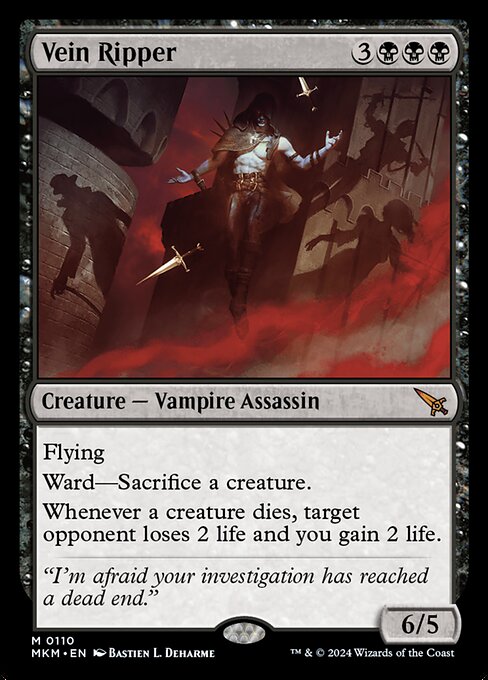 Flying
Ward—Sacrifice a creature.
Whenever a creature dies, target opponent loses 2 life and you gain 2 life.