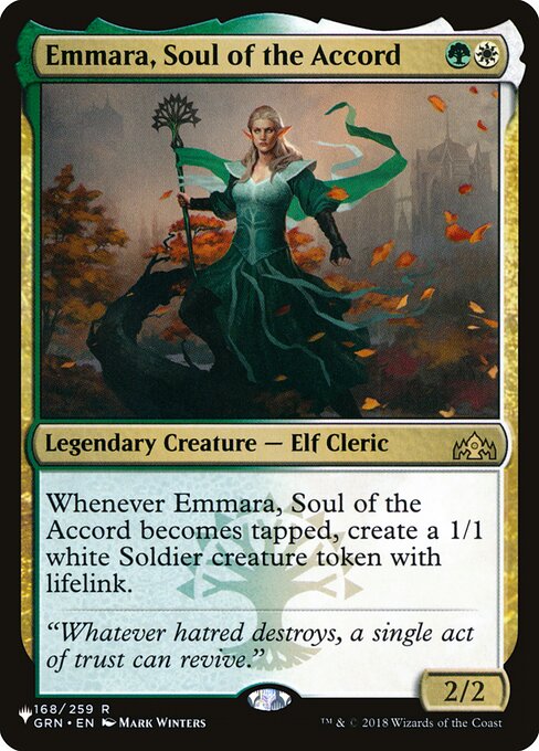 Whenever Emmara, Soul of the Accord becomes tapped, create a 1/1 white Soldier creature token with lifelink.