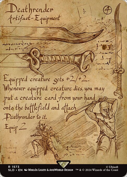 Equipped creature gets +2/+2.
Whenever equipped creature dies, you may put a creature card from your hand onto the battlefield and attach this Equipment to it.
Equip {2}