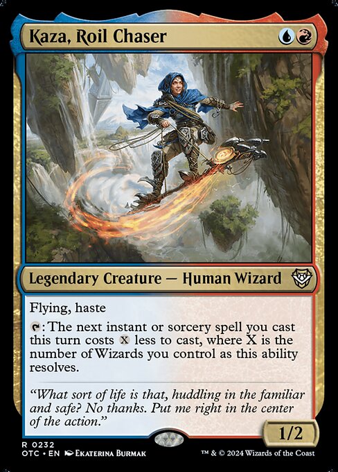 Flying, haste
{T}: The next instant or sorcery spell you cast this turn costs {X} less to cast, where X is the number of Wizards you control as this ability resolves.