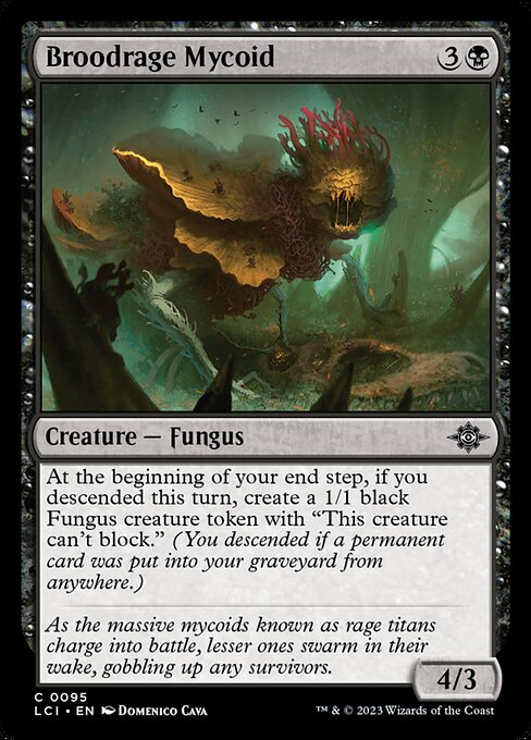 At the beginning of your end step, if you descended this turn, create a 1/1 black Fungus creature token with "This creature can't block." (You descended if a permanent card was put into your graveyard from anywhere.)