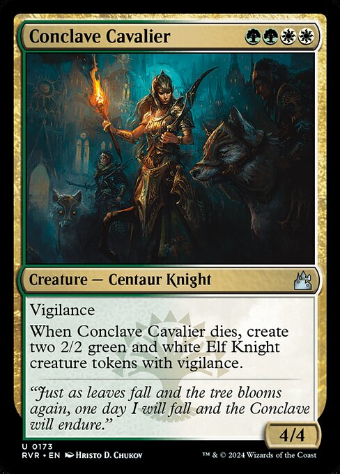 Vigilance
When Conclave Cavalier dies, create two 2/2 green and white Elf Knight creature tokens with vigilance.