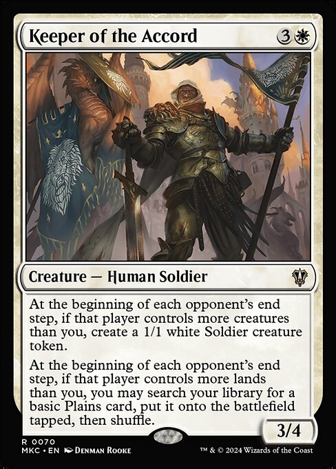 At the beginning of each opponent's end step, if that player controls more creatures than you, create a 1/1 white Soldier creature token.
At the beginning of each opponent's end step, if that player controls more lands than you, you may search your library for a basic Plains card, put it onto the battlefield tapped, then shuffle.