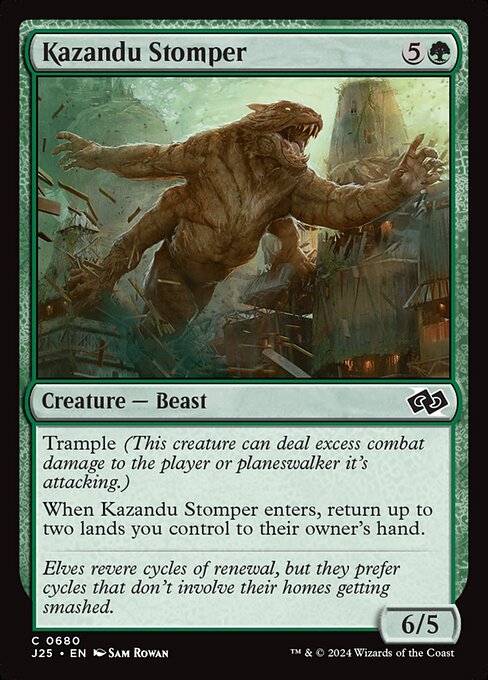 Trample (This creature can deal excess combat damage to the player or planeswalker it's attacking.)
When Kazandu Stomper enters, return up to two lands you control to their owner's hand.