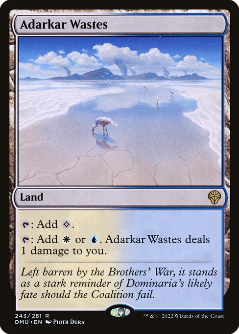 {T}: Add {C}.
{T}: Add {W} or {U}. Adarkar Wastes deals 1 damage to you.