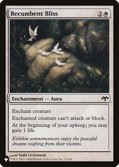 Enchant creature
Enchanted creature can't attack or block.
At the beginning of your upkeep, you may gain 1 life.