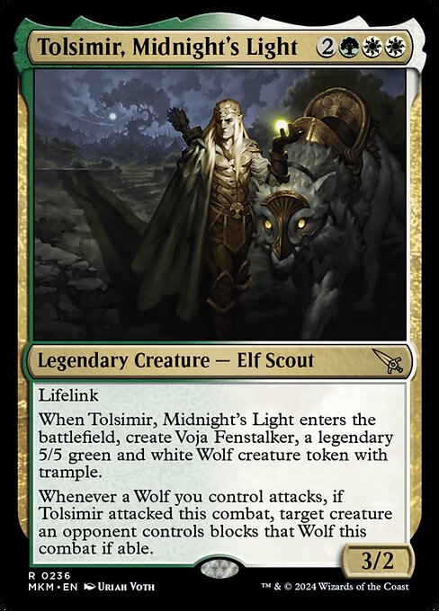 Lifelink
When Tolsimir, Midnight's Light enters the battlefield, create Voja Fenstalker, a legendary 5/5 green and white Wolf creature token with trample.
Whenever a Wolf you control attacks, if Tolsimir attacked this combat, target creature an opponent controls blocks that Wolf this combat if able.