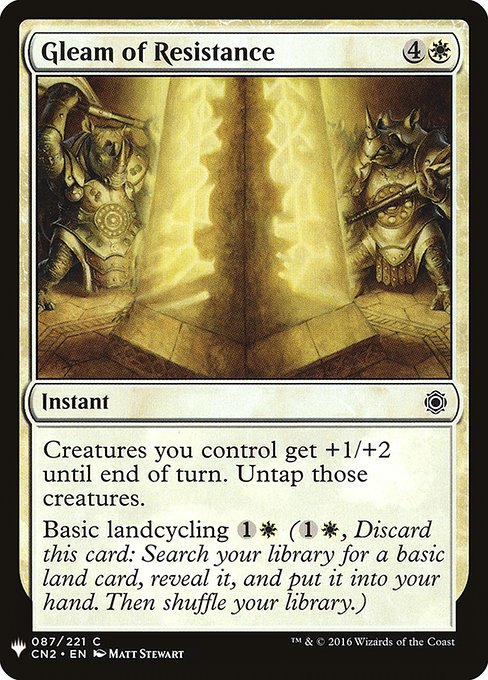 Creatures you control get +1/+2 until end of turn. Untap those creatures.
Basic landcycling {1}{W} ({1}{W}, Discard this card: Search your library for a basic land card, reveal it, put it into your hand, then shuffle.)
