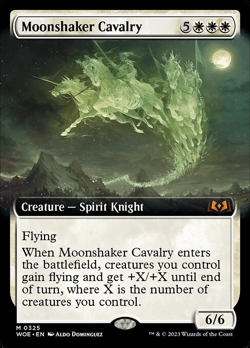 Flying
When Moonshaker Cavalry enters the battlefield, creatures you control gain flying and get +X/+X until end of turn, where X is the number of creatures you control.