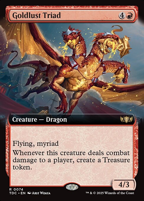 Flying
Myriad (Whenever this creature attacks, for each opponent other than defending player, you may create a token copy that's tapped and attacking that player or a planeswalker they control. Exile the tokens at end of combat.)
Whenever this creature deals combat damage to a player, create a Treasure token.
