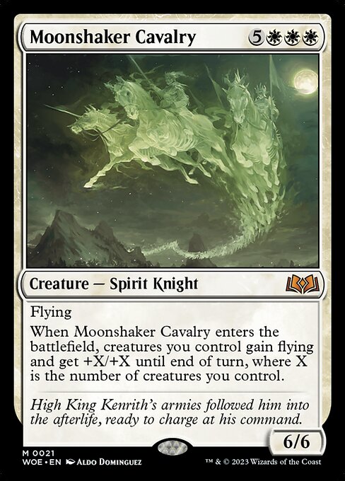 Flying
When Moonshaker Cavalry enters the battlefield, creatures you control gain flying and get +X/+X until end of turn, where X is the number of creatures you control.