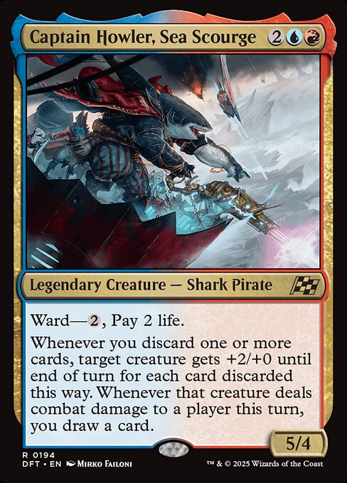 Ward—{2}, Pay 2 life.
Whenever you discard one or more cards, target creature gets +2/+0 until end of turn for each card discarded this way. Whenever that creature deals combat damage to a player this turn, you draw a card.