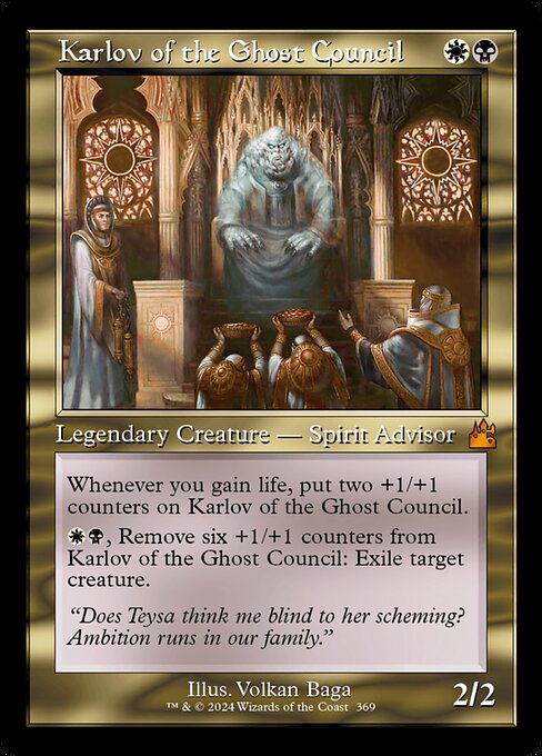 Whenever you gain life, put two +1/+1 counters on Karlov of the Ghost Council.
{W}{B}, Remove six +1/+1 counters from Karlov of the Ghost Council: Exile target creature.