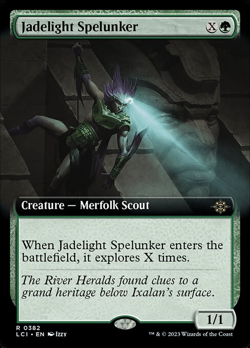 When Jadelight Spelunker enters the battlefield, it explores X times. (To have it explore, reveal the top card of your library. Put that card into your hand if it's a land. Otherwise, put a +1/+1 counter on that creature, then put the card back or put it into your graveyard.)