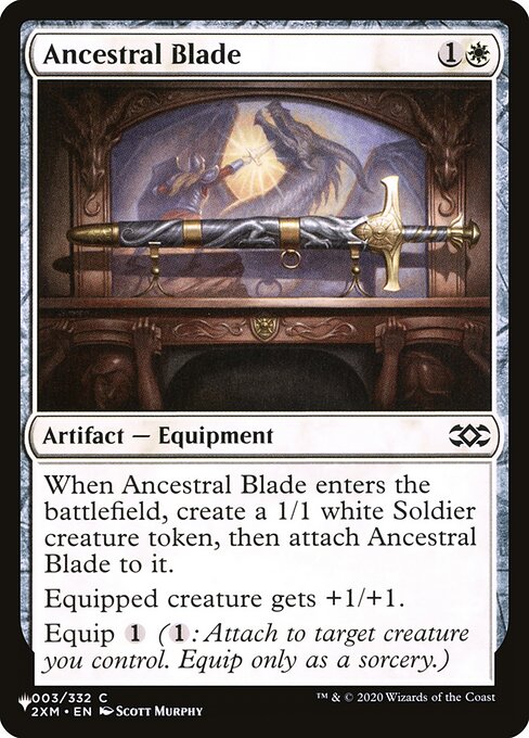 When Ancestral Blade enters, create a 1/1 white Soldier creature token, then attach Ancestral Blade to it.
Equipped creature gets +1/+1.
Equip {1} ({1}: Attach to target creature you control. Equip only as a sorcery.)