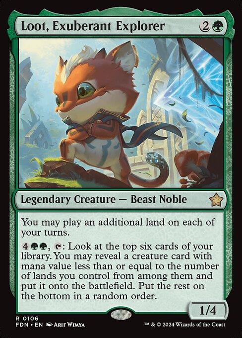 You may play an additional land on each of your turns.
{4}{G}{G}, {T}: Look at the top six cards of your library. You may reveal a creature card with mana value less than or equal to the number of lands you control from among them and put it onto the battlefield. Put the rest on the bottom in a random order.