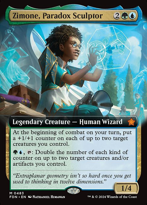 At the beginning of combat on your turn, put a +1/+1 counter on each of up to two target creatures you control.
{G}{U}, {T}: Double the number of each kind of counter on up to two target creatures and/or artifacts you control.