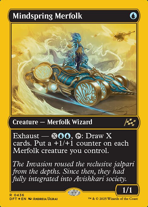 Exhaust — {X}{U}{U}, {T}: Draw X cards. Put a +1/+1 counter on each Merfolk creature you control. (Activate each exhaust ability only once.)