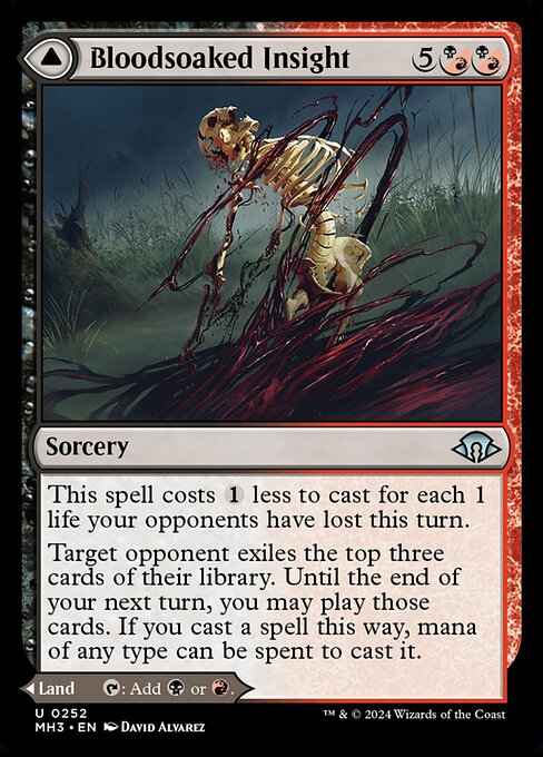 This spell costs {1} less to cast for each 1 life your opponents have lost this turn.
Target opponent exiles the top three cards of their library. Until the end of your next turn, you may play those cards. If you cast a spell this way, mana of any type can be spent to cast it.   Sanguine Morass enters the battlefield tapped.
{T}: Add {B} or {R}.