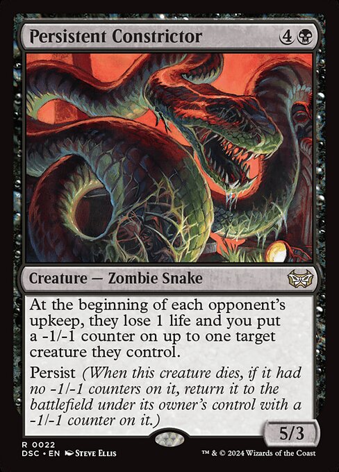 At the beginning of each opponent's upkeep, they lose 1 life and you put a -1/-1 counter on up to one target creature they control.
Persist (When this creature dies, if it had no -1/-1 counters on it, return it to the battlefield under its owner's control with a -1/-1 counter on it.)