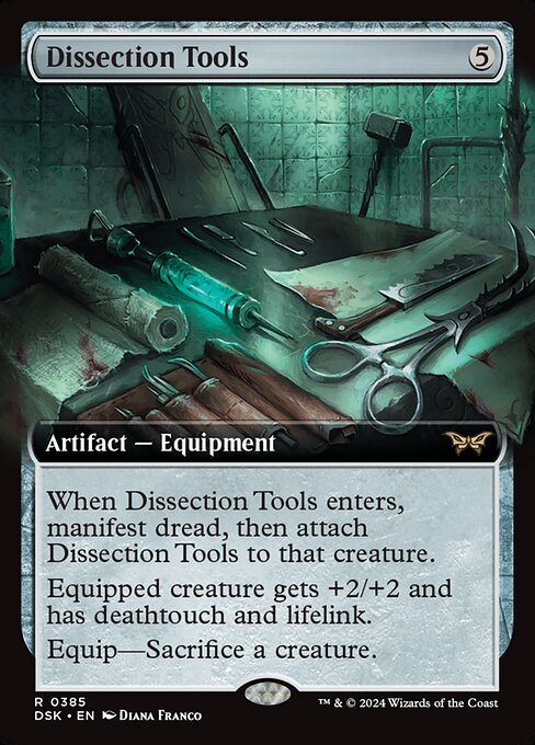 When Dissection Tools enters, manifest dread, then attach Dissection Tools to that creature.
Equipped creature gets +2/+2 and has deathtouch and lifelink.
Equip—Sacrifice a creature.