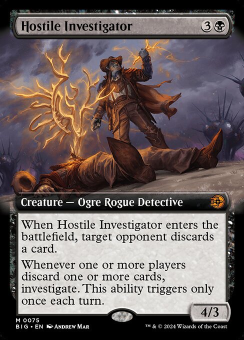 When Hostile Investigator enters the battlefield, target opponent discards a card.
Whenever one or more players discard one or more cards, investigate. This ability triggers only once each turn. (Create a Clue token. It's an artifact with "{2}, Sacrifice this artifact: Draw a card.")