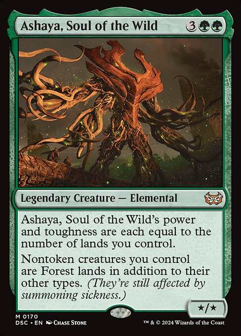 Ashaya, Soul of the Wild's power and toughness are each equal to the number of lands you control.
Nontoken creatures you control are Forest lands in addition to their other types. (They're still affected by summoning sickness.)