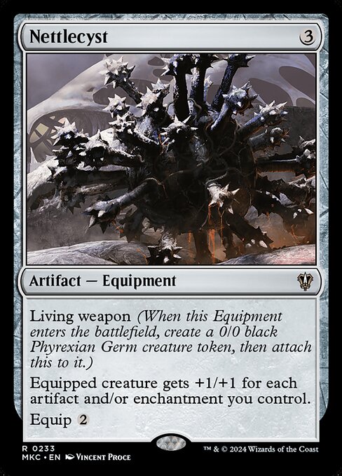 Living weapon (When this Equipment enters the battlefield, create a 0/0 black Phyrexian Germ creature token, then attach this to it.)
Equipped creature gets +1/+1 for each artifact and/or enchantment you control.
Equip {2}
