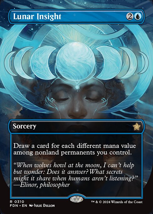 Draw a card for each different mana value among nonland permanents you control.