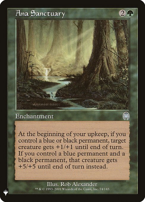 At the beginning of your upkeep, if you control a blue or black permanent, target creature gets +1/+1 until end of turn. If you control a blue permanent and a black permanent, that creature gets +5/+5 until end of turn instead.