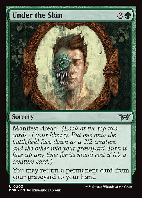 Manifest dread. (Look at the top two cards of your library. Put one onto the battlefield face down as a 2/2 creature and the other into your graveyard. Turn it face up any time for its mana cost if it's a creature card.)
You may return a permanent card from your graveyard to your hand.