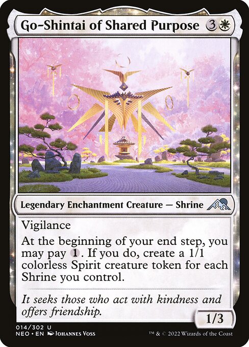 Vigilance
At the beginning of your end step, you may pay {1}. If you do, create a 1/1 colorless Spirit creature token for each Shrine you control.