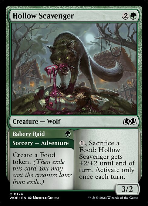 {1}, Sacrifice a Food: Hollow Scavenger gets +2/+2 until end of turn. Activate only once each turn.   Create a Food token. (Then exile this card. You may cast the creature later from exile.)