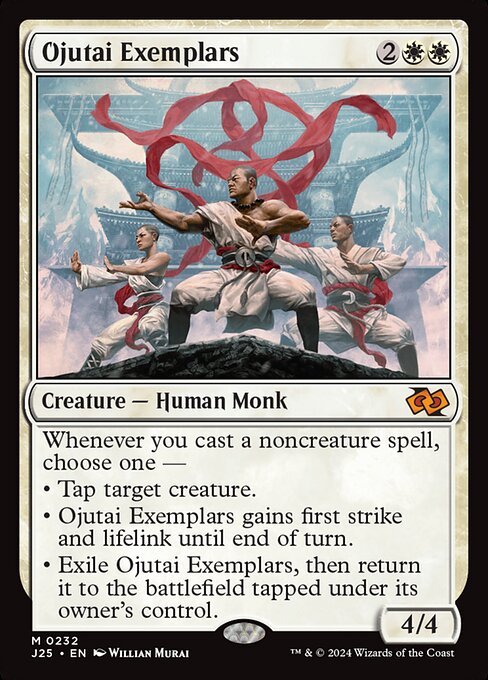 Whenever you cast a noncreature spell, choose one —
• Tap target creature.
• Ojutai Exemplars gains first strike and lifelink until end of turn.
• Exile Ojutai Exemplars, then return it to the battlefield tapped under its owner's control.