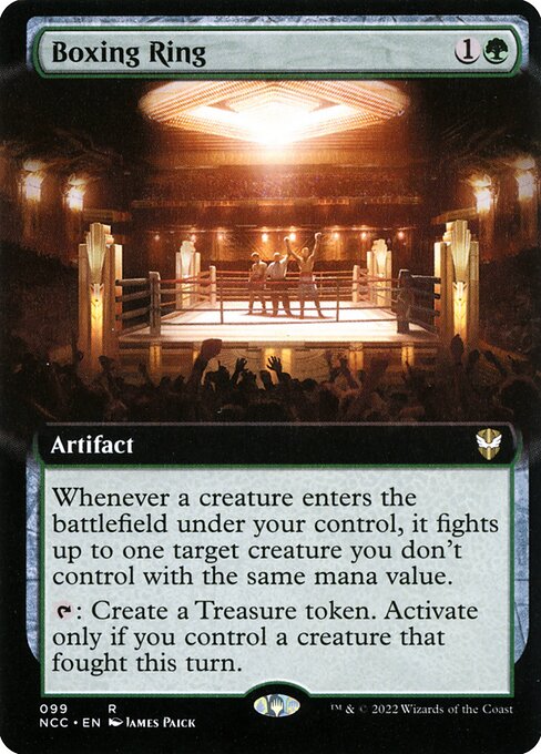 Whenever a creature enters the battlefield under your control, it fights up to one target creature you don't control with the same mana value.
{T}: Create a Treasure token. Activate only if you control a creature that fought this turn.