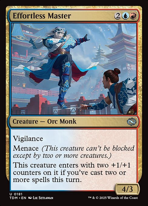 Vigilance
Menace (This creature can't be blocked except by two or more creatures.)
This creature enters with two +1/+1 counters on it if you've cast two or more spells this turn.