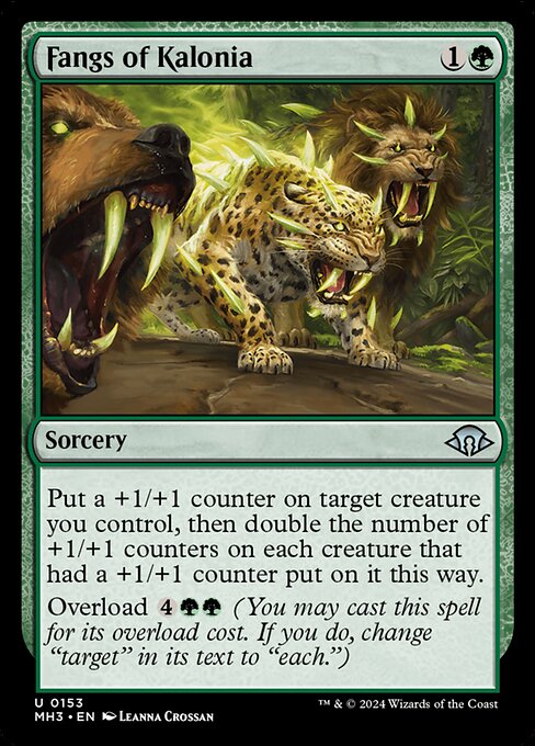 Put a +1/+1 counter on target creature you control, then double the number of +1/+1 counters on each creature that had a +1/+1 counter put on it this way.
Overload {4}{G}{G} (You may cast this spell for its overload cost. If you do, change "target" in its text to "each.")