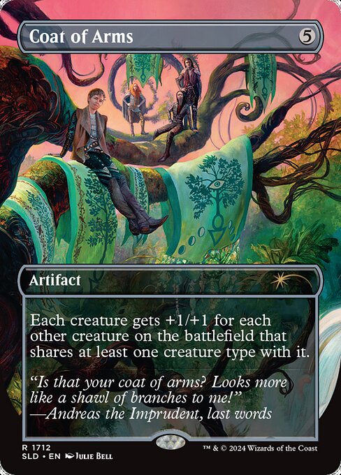Each creature gets +1/+1 for each other creature on the battlefield that shares at least one creature type with it. (For example, if two Goblin Warriors and a Goblin Shaman are on the battlefield, each gets +2/+2.)