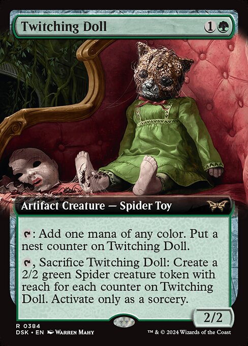 {T}: Add one mana of any color. Put a nest counter on Twitching Doll.
{T}, Sacrifice Twitching Doll: Create a 2/2 green Spider creature token with reach for each counter on Twitching Doll. Activate only as a sorcery.