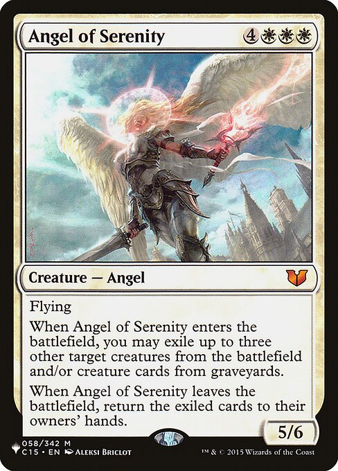 Flying
When Angel of Serenity enters, you may exile up to three other target creatures from the battlefield and/or creature cards from graveyards.
When Angel of Serenity leaves the battlefield, return the exiled cards to their owners' hands.