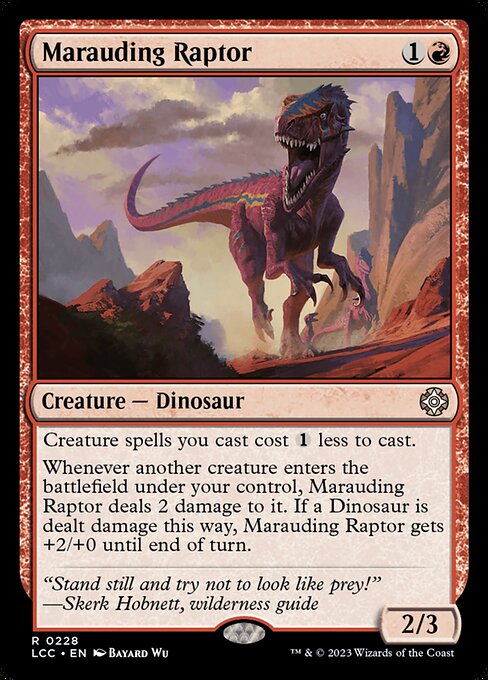 Creature spells you cast cost {1} less to cast.
Whenever another creature you control enters, this creature deals 2 damage to it. If a Dinosaur is dealt damage this way, this creature gets +2/+0 until end of turn.
