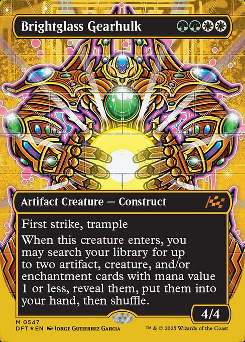 First strike, trample
When this creature enters, you may search your library for up to two artifact, creature, and/or enchantment cards with mana value 1 or less, reveal them, put them into your hand, then shuffle.