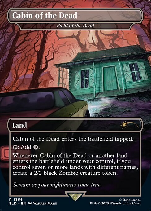 Field of the Dead enters the battlefield tapped.
{T}: Add {C}.
Whenever Field of the Dead or another land enters the battlefield under your control, if you control seven or more lands with different names, create a 2/2 black Zombie creature token.