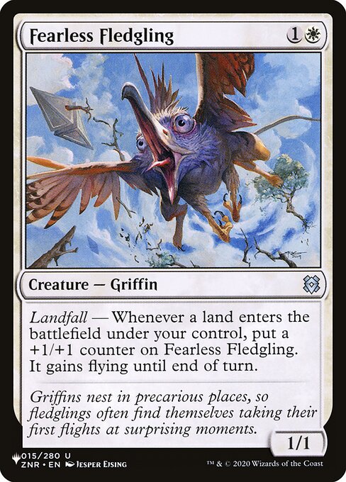 Landfall — Whenever a land you control enters, put a +1/+1 counter on Fearless Fledgling. It gains flying until end of turn.