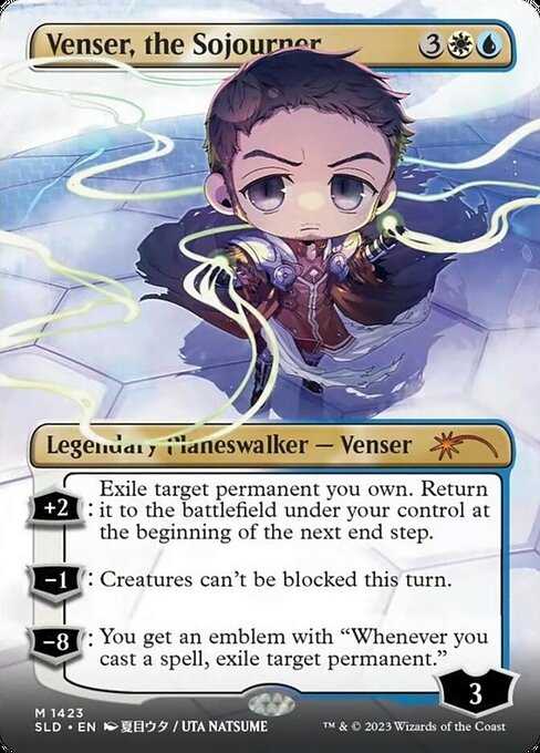 +2: Exile target permanent you own. Return it to the battlefield under your control at the beginning of the next end step.
−1: Creatures can't be blocked this turn.
−8: You get an emblem with "Whenever you cast a spell, exile target permanent."