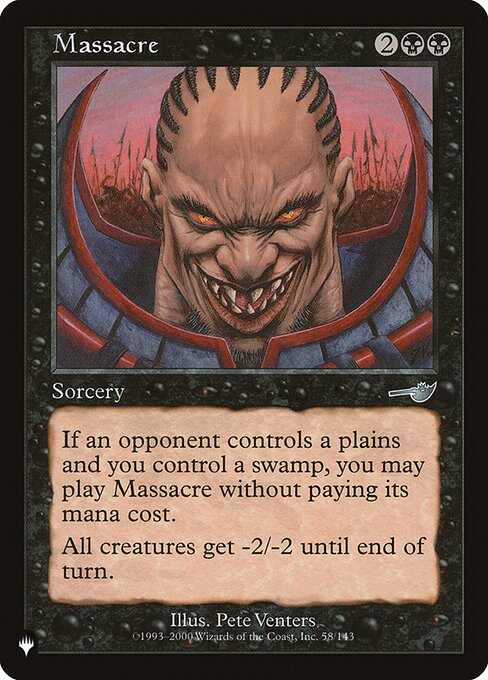 If an opponent controls a Plains and you control a Swamp, you may cast this spell without paying its mana cost.
All creatures get -2/-2 until end of turn.