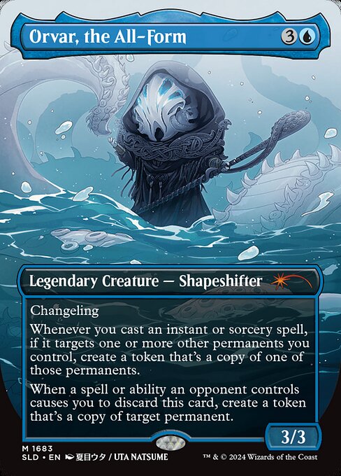 Changeling
Whenever you cast an instant or sorcery spell, if it targets one or more other permanents you control, create a token that's a copy of one of those permanents.
When a spell or ability an opponent controls causes you to discard this card, create a token that's a copy of target permanent.